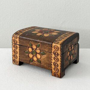 Vintage Polish Folk Floral Wood Trinket Box Hand Carved Jewelry Keepsake Hinged